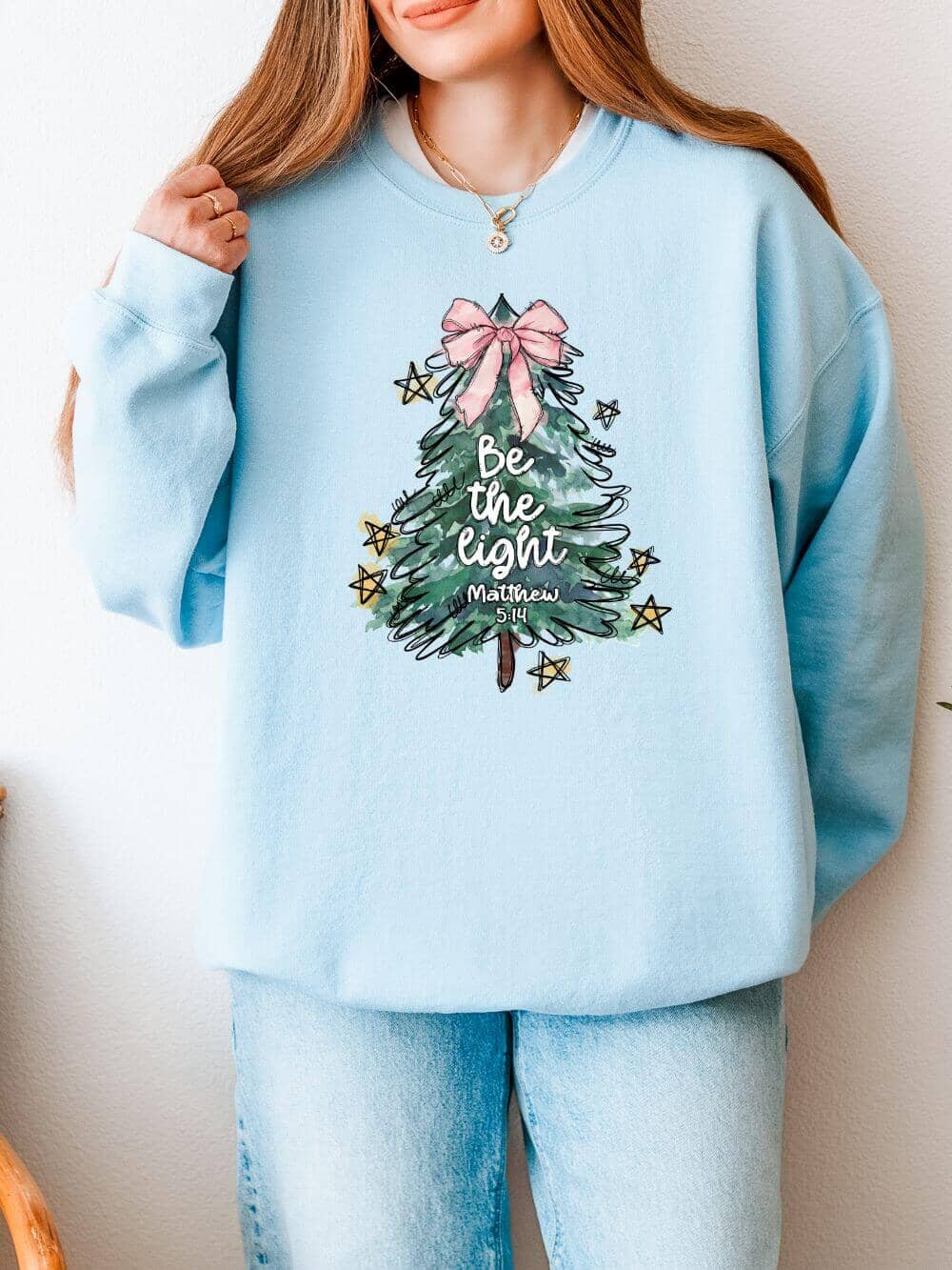 BetheLightLightBlue Be the Light Christmas Tree Heavy Blend Unisex Crewneck Graphic Sweatshirt - Image 1