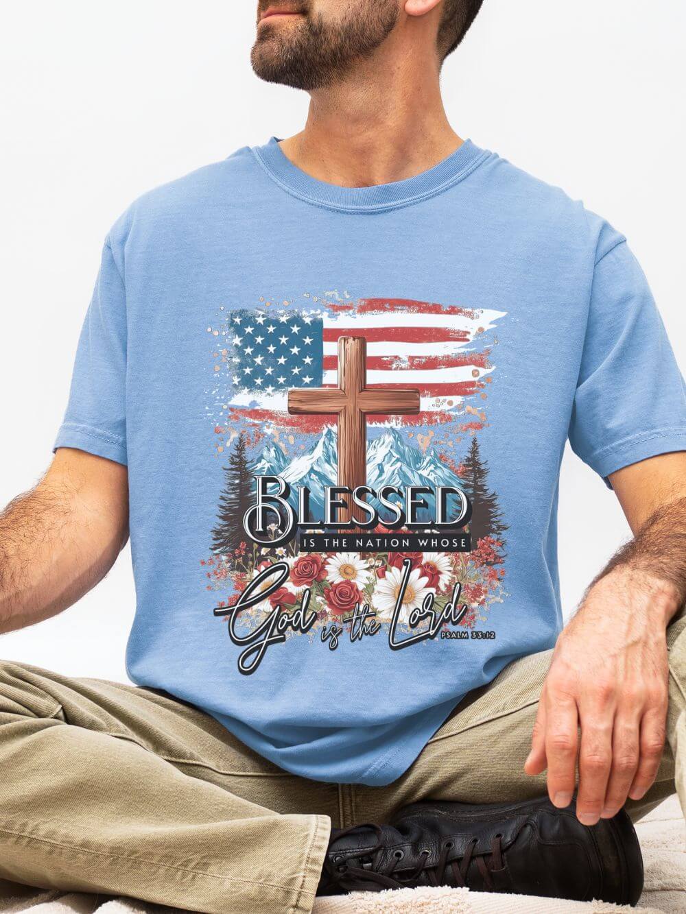 Blessed_Nation_Flag_Washed_Denim Blessed is the Nation Cross American Flag T-Shirt Christian Patriotic Graphic Tee - Image 1