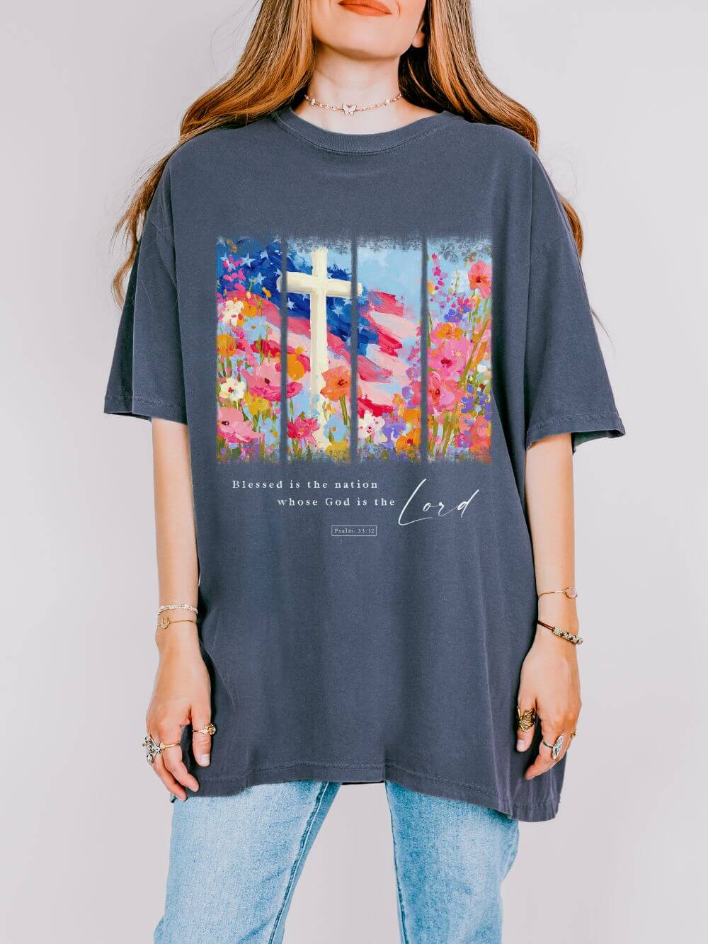 Blessed_is_the_Nation_Denim Blessed is the Nation Christian Patriotic T-Shirt 4th of July Graphic Tee - Image 1