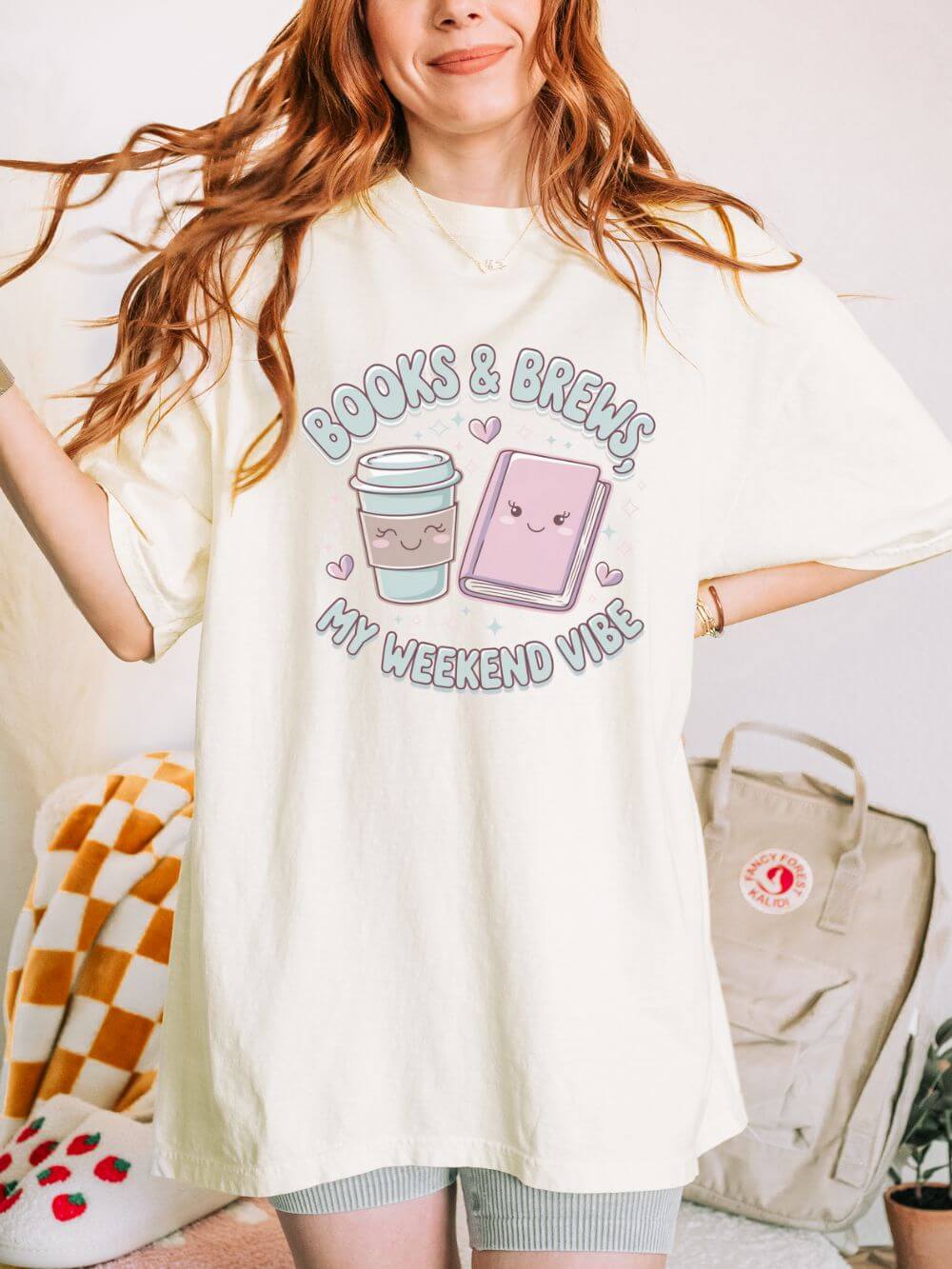Books_Brews_Ivory Books & Brews Weekend Vibe Graphic T-Shirt Unisex Book Lover Short Sleeve Tee - Image 1