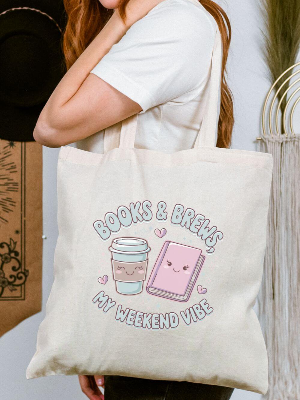 Books_Brews_Tote Books & Brews My Weekend Vibe Coffee & Book Cotton Canvas Tote Bag - Image 1