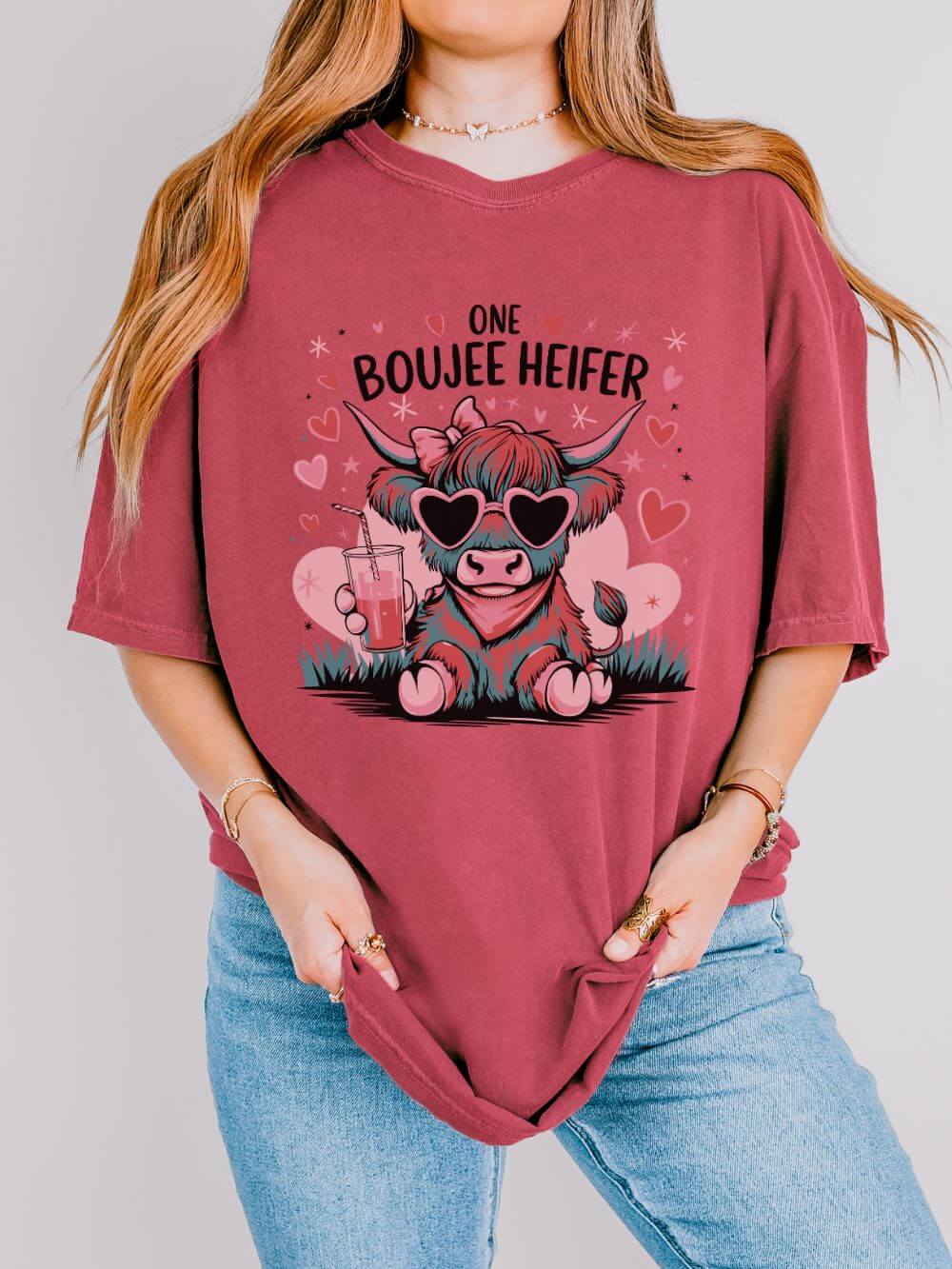Boujee_Heifer_Crimson One Boujee Heifer Cute Cow Valentine's Day Graphic T-Shirt Short Sleeve Tee - Image 1