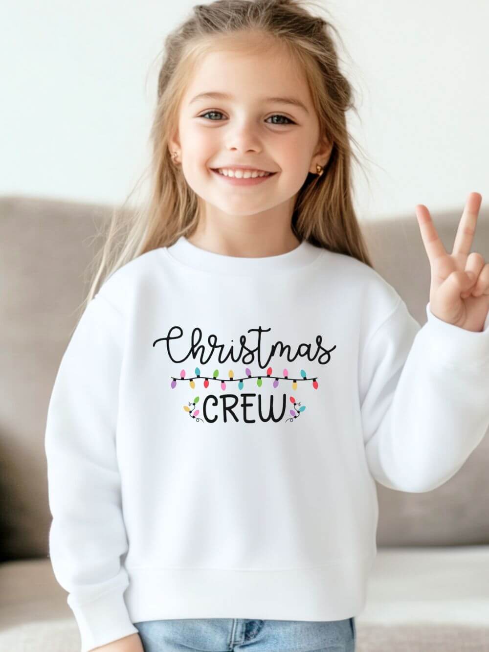 Christmas_Crew_Kids_White Christmas Crew Heavy Blend Kids' Crewneck Graphic Holiday Lights Sweatshirt - Image 1