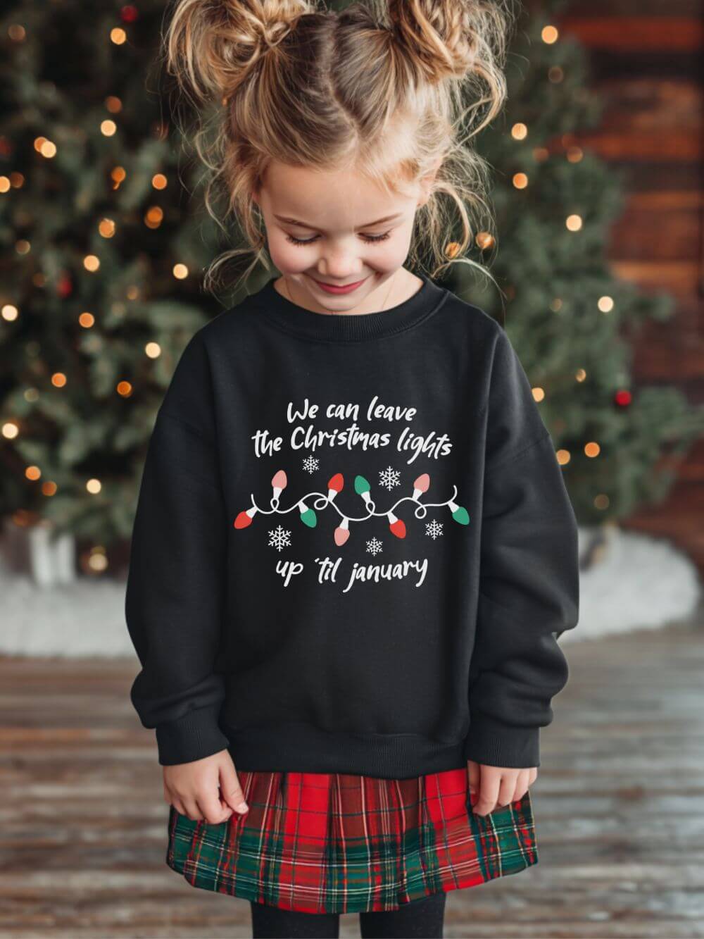 Christmas_Lights_Kids_Black Leave the Christmas Lights Up Kids' Crewneck Cozy Christmas Graphic Sweatshirt - Image 1