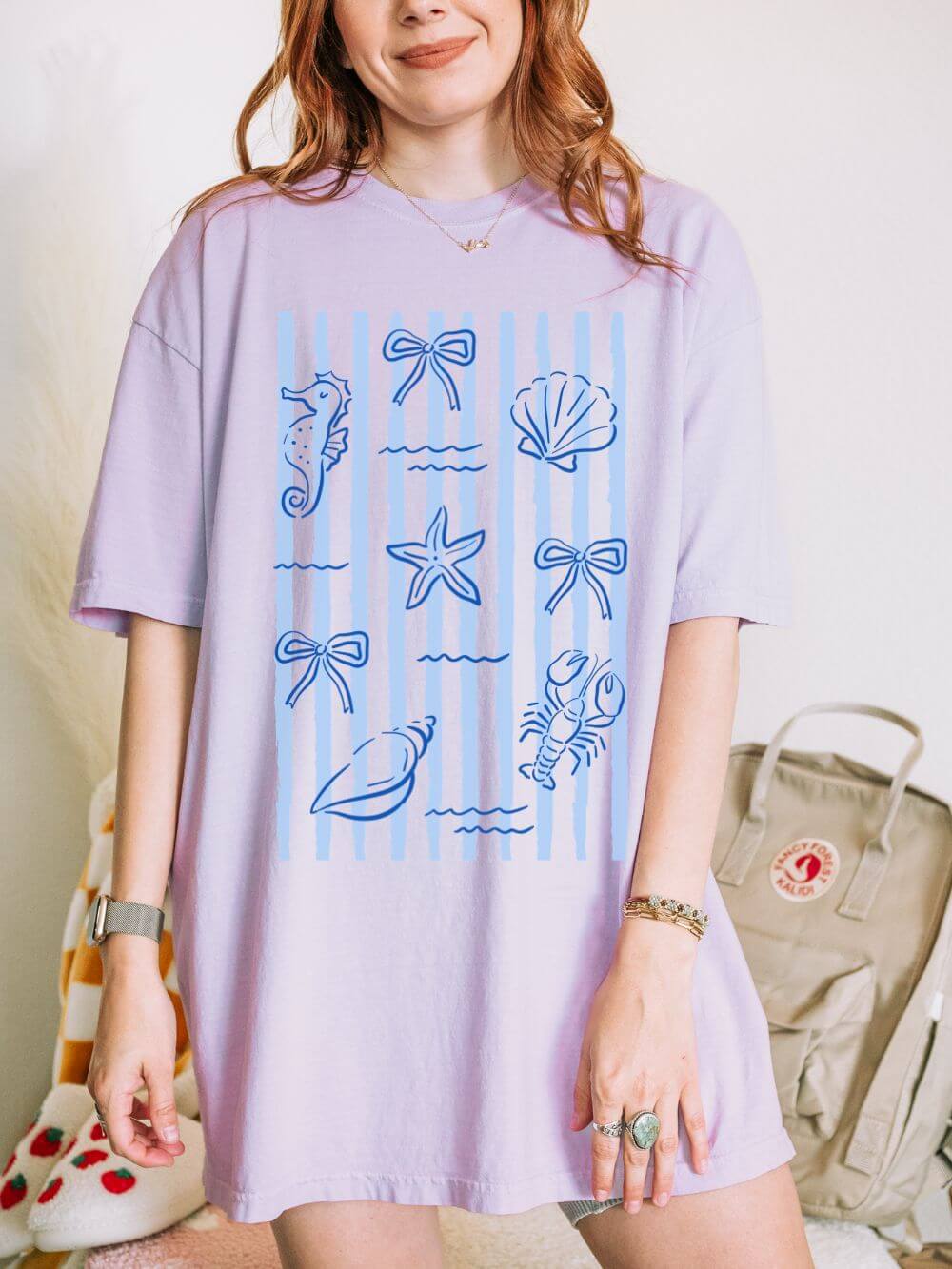 Coastal_Stripe_Orchid Coastal Stripes Graphic Tee Women's Nautical Seashell & Starfish T-Shirt - Image 1
