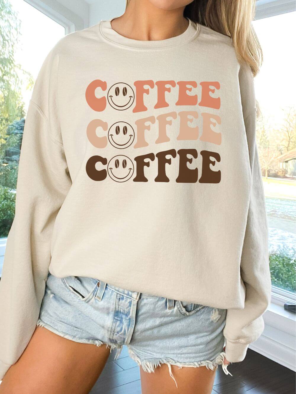 CoffeeCoffeeCoffeeSand Coffee Coffee Coffee Smile Face Crewneck Sweatshirt for Coffee Lovers - Image 1