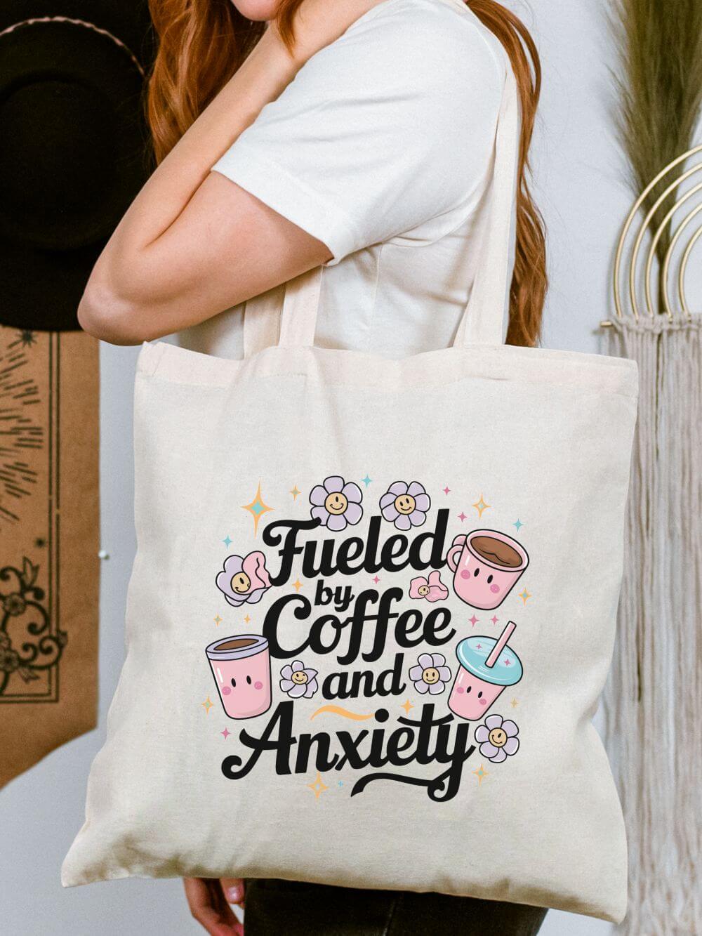Coffee_Anxiety_Kawaii_Tote Fueled by Coffee and Anxiety Kawaii Cotton Canvas Shopper Tote Bag - Image 1