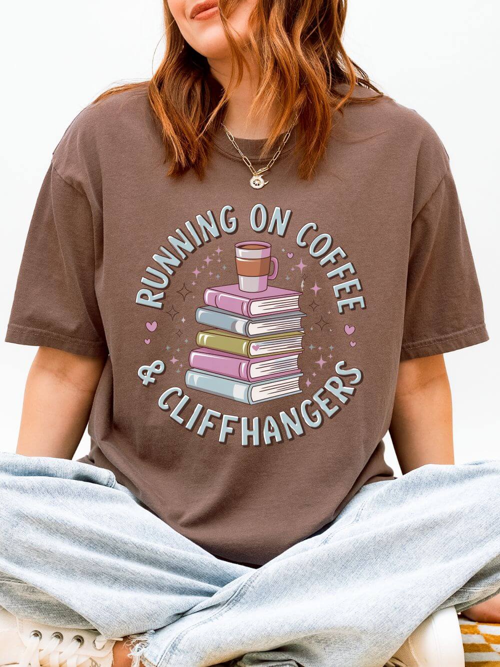 Coffee_Cliffhangers_Espresso Running on Coffee & Cliffhangers Graphic T-Shirt Unisex Book Lover Short Sleeve Tee - Image 1