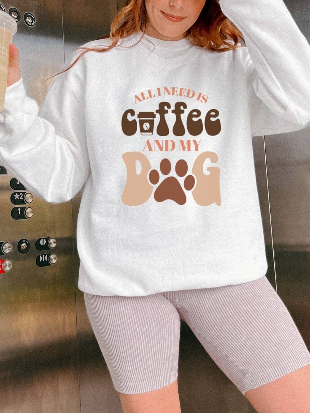 Coffee_DogWhite All I Need is Coffee and my Dog Crewneck Sweatshirt for Dog Moms - Image 1