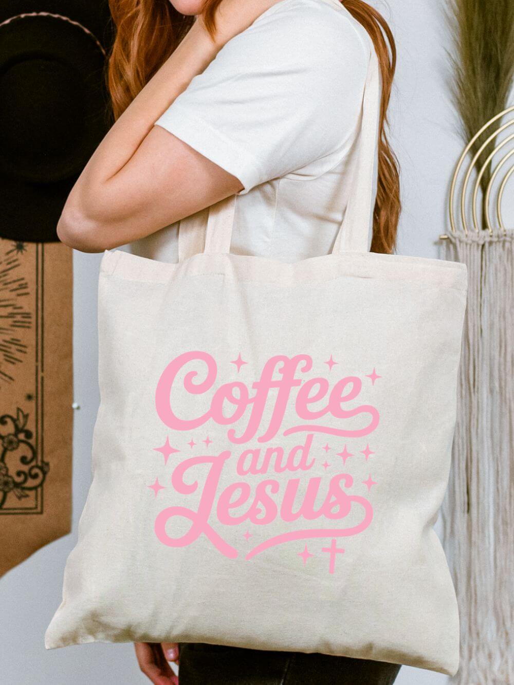 Coffee_Jesus_Pink_Tote Coffee and Jesus Christian Cotton Canvas Tote Bag - Image 1