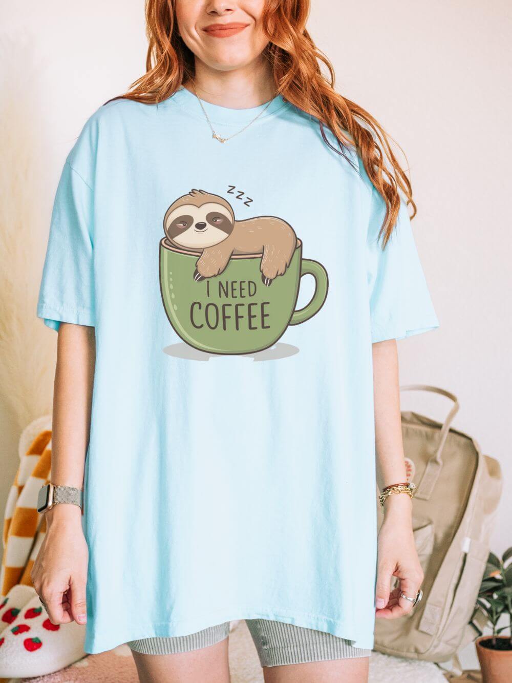 Coffee_Sloth_Chambray I Need Coffee Sloth Graphic T-Shirt Unisex Coffee Lover Short Sleeve Tee - Image 1