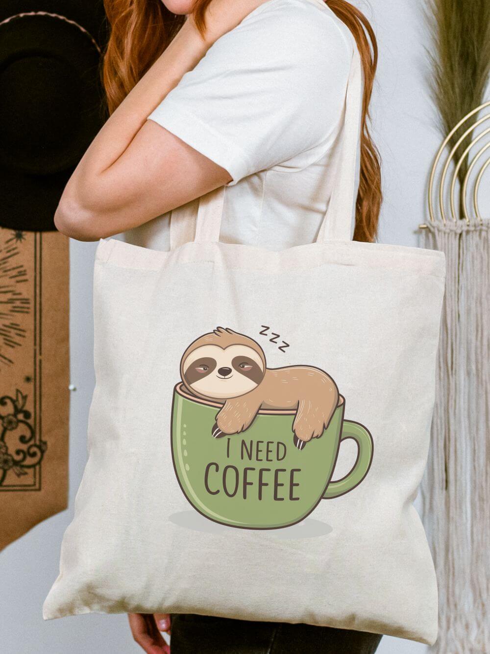 Coffee_Sloth_Tote Sloth I Need Coffee Cotton Canvas Tote Bag - Image 1