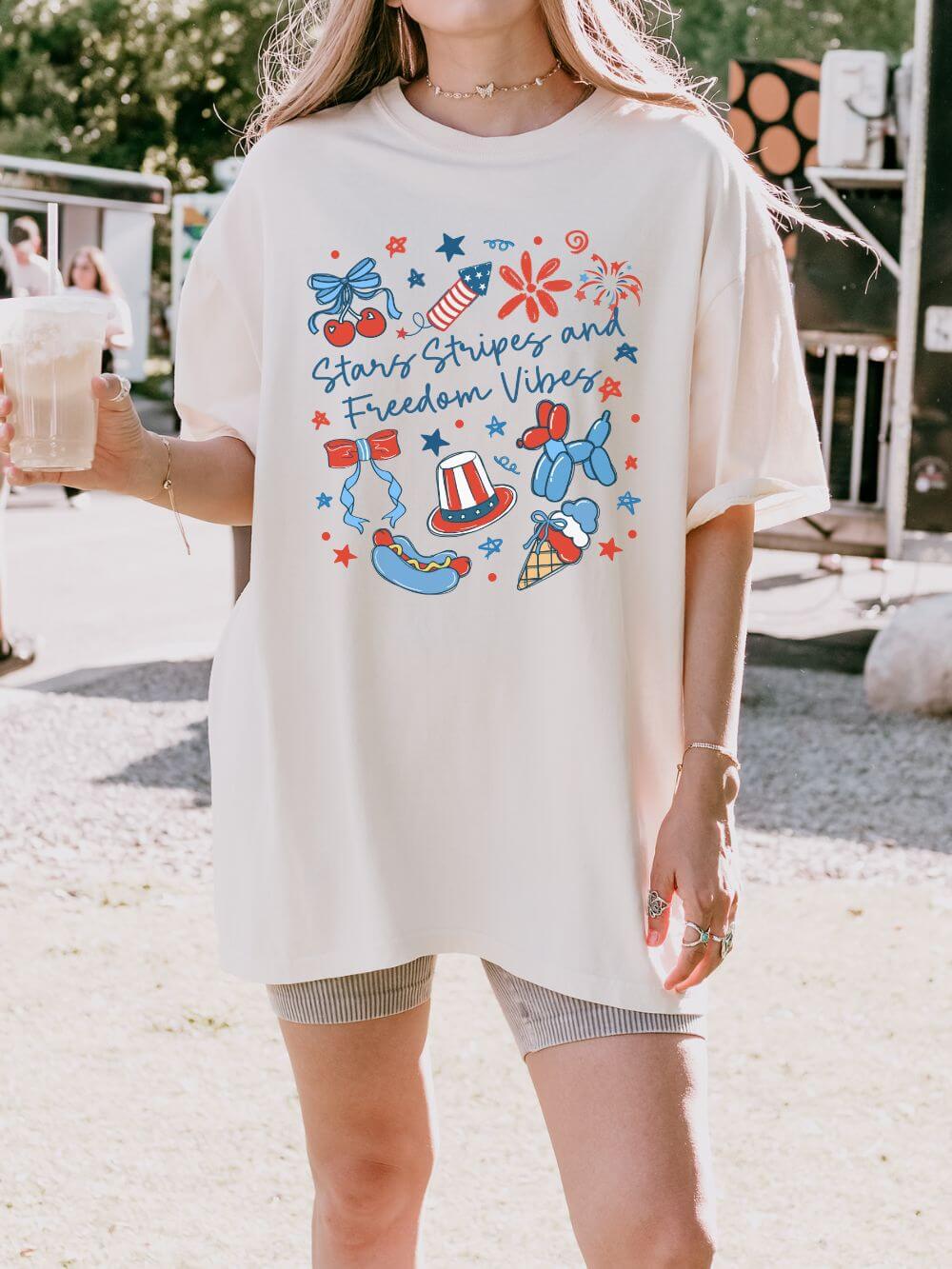 Coquette_-_Ivory Stars, Stripes, and Freedom Vibes Coquette Summer Unisex Tee Comfort Colors 4th of July Patriotic Graphic T-Shirt - Image 1