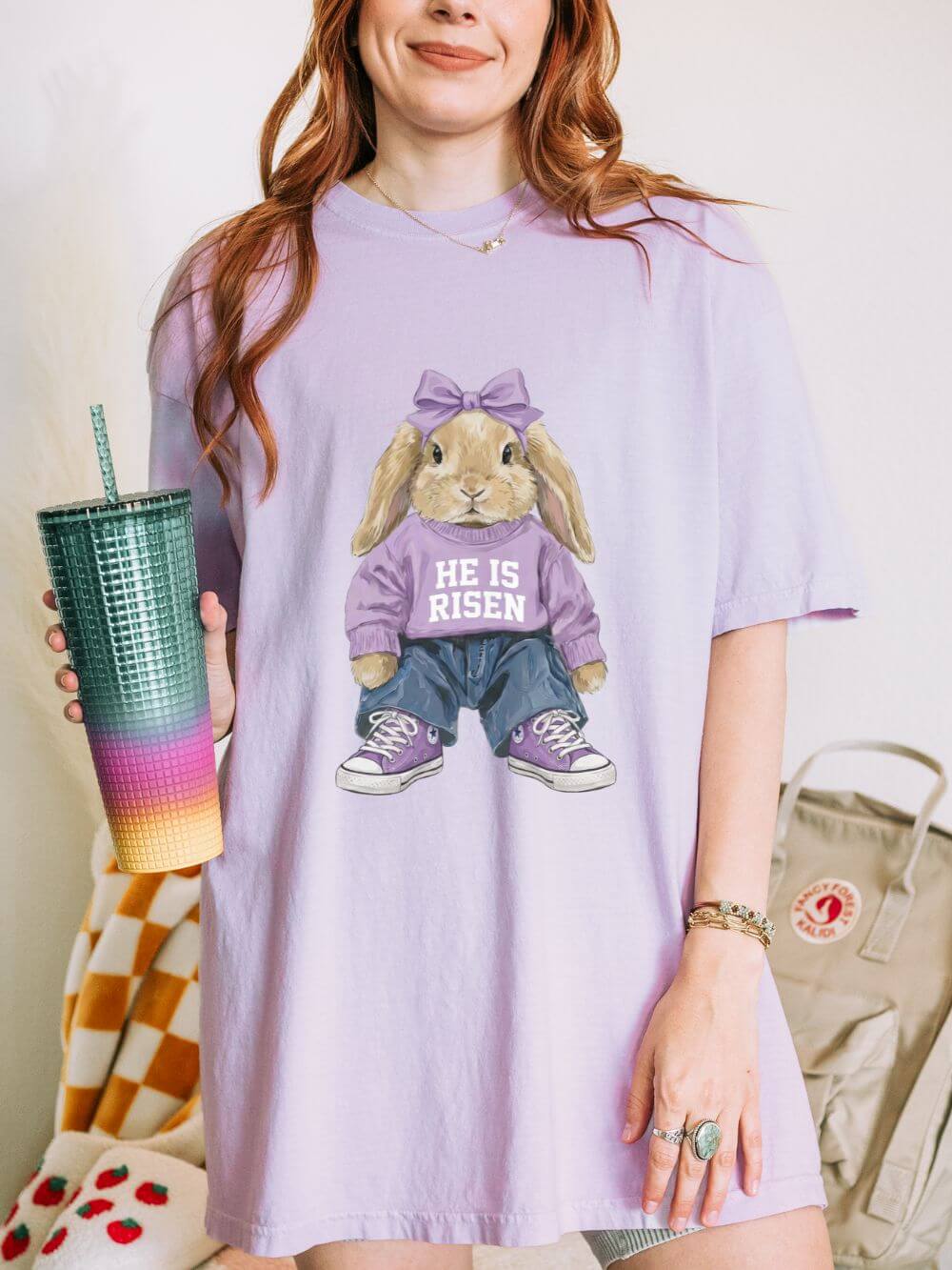 Coquette_Bunny_Lilac He is Risen Coquette Easter Bunny Christian Church Floral T‑Shirt Unisex Tee - Image 1