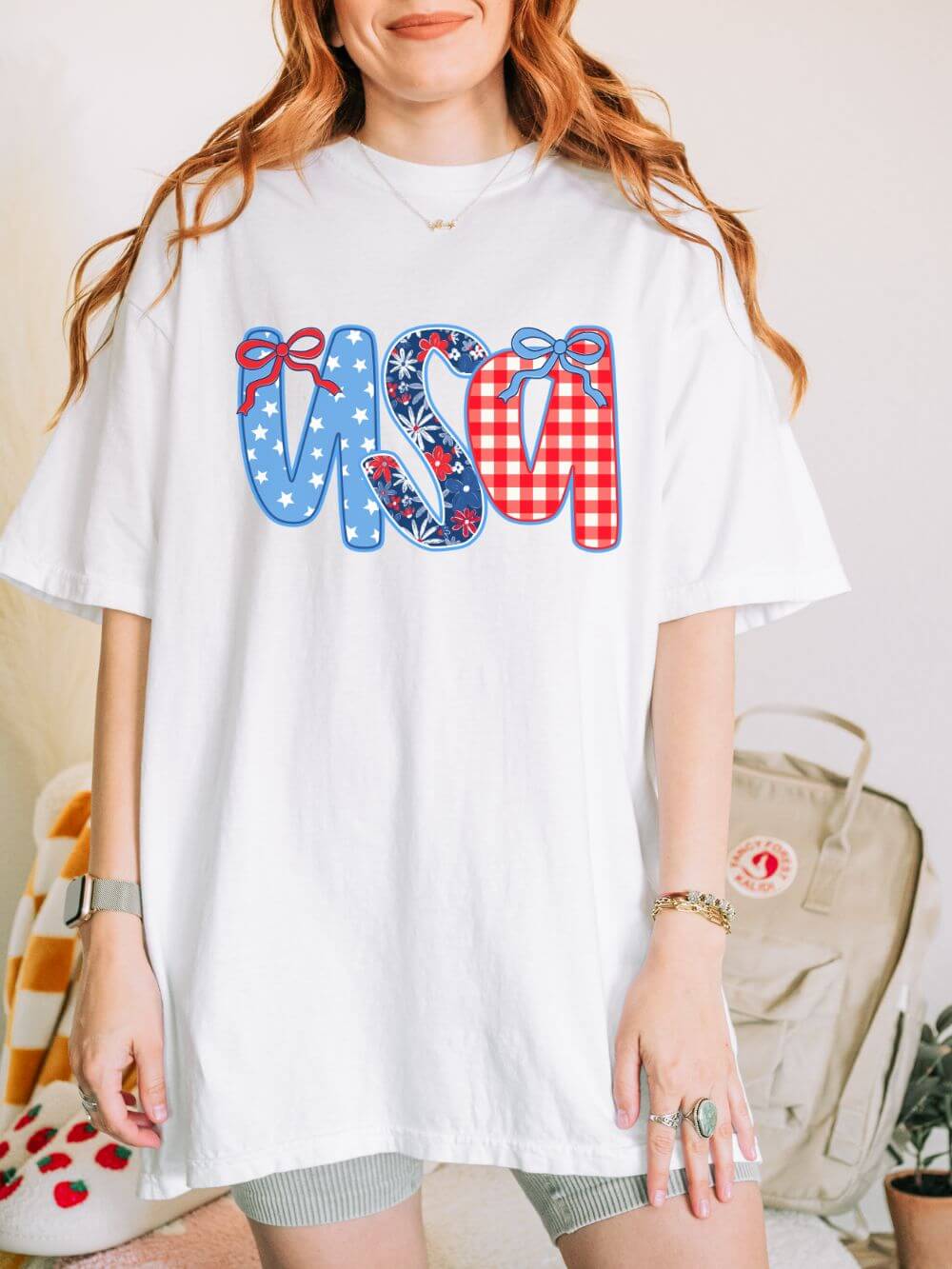 Coquette_USA_White Coquette Bow USA Patriotic Graphic T-Shirt 4th of July Tee - Image 1