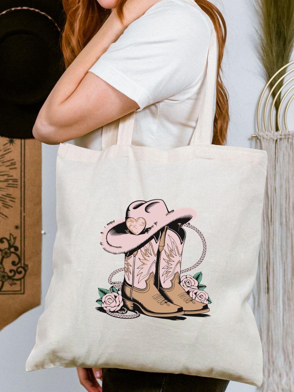 Cowgirl_Boots_Tote Cowgirl Boots & Hat Western Floral Cotton Canvas Tote Bag - Image 1