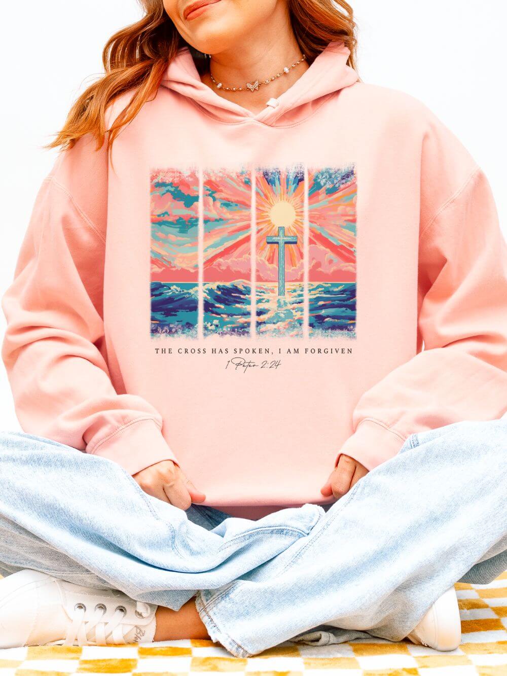 Cross_Has_Spoken_Peachy The Cross Has Spoken I am Forgiven Christian Cross Sunset Hoodie Graphic Sweatshirt - Image 1
