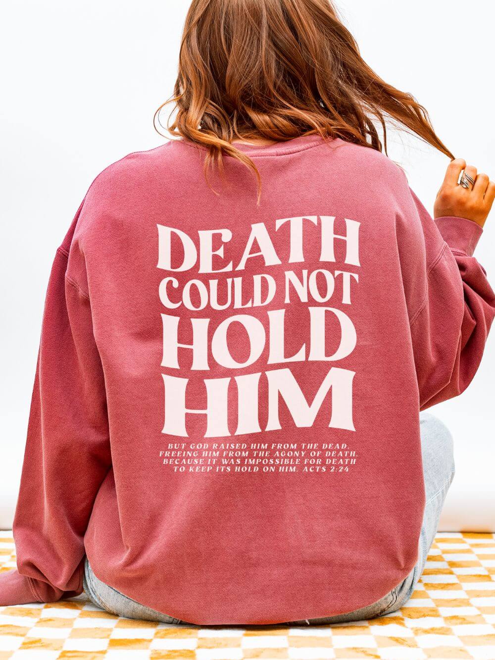 DeathCouldNotBackCrimson Death Could Not Hold Him Lightweight Crewneck Sweatshirt Christian Pullover - Image 1