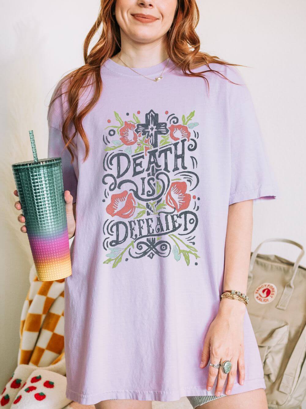Death_is_Defeated_Orchid Death Is Defeated T-Shirt Vintage Floral Resurrection Christian Distressed Graphic Tee - Image 1