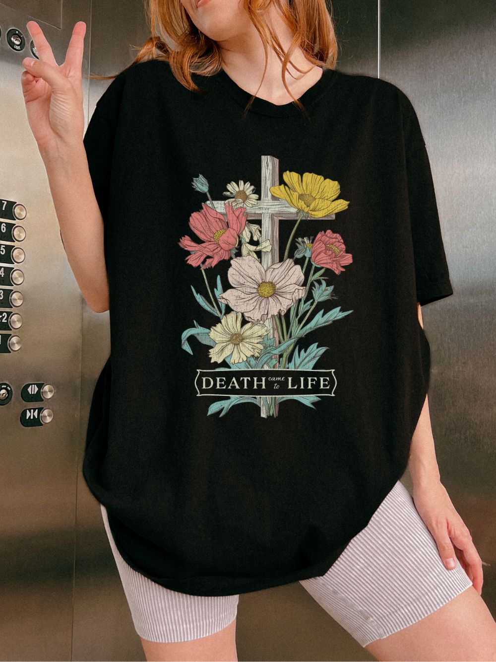 Death_to_Life_Black Death Has Come to Life Floral Cross Easter Unisex Tee Christian Distressed T-Shirt - Image 1