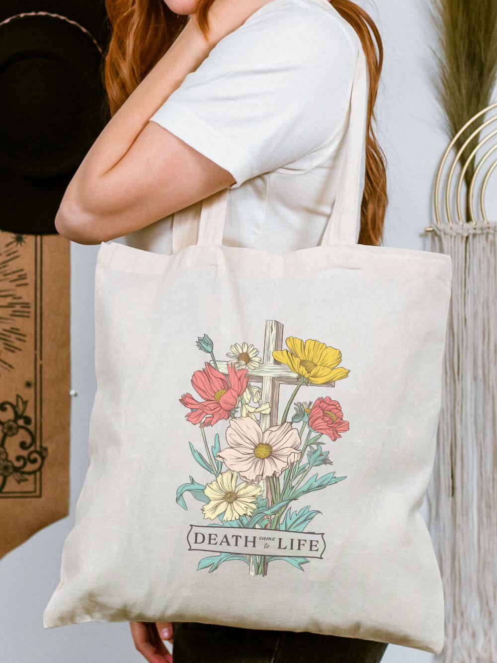 Death_to_Life_Tote Death to Life Floral Cross Christian Cotton Canvas Church Tote Bag - Image 1