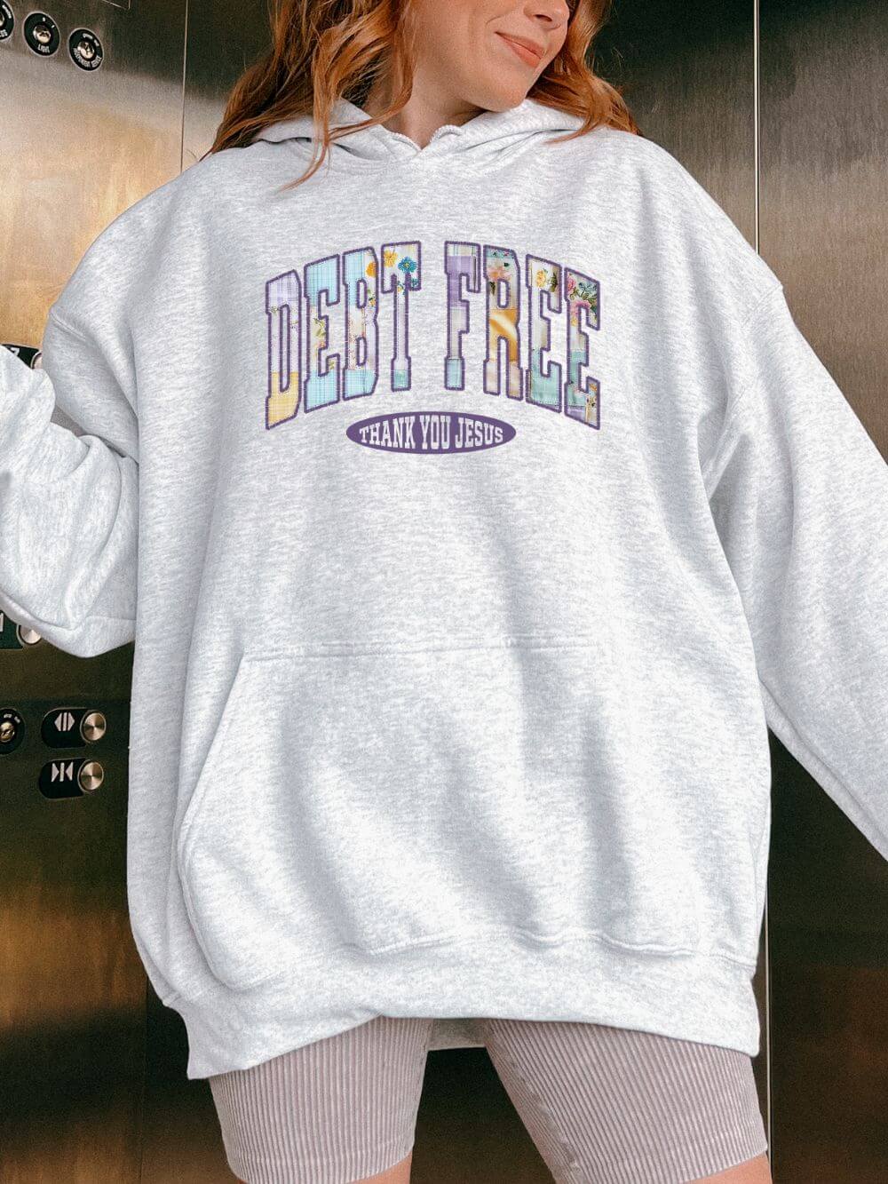 Debt_Free_Jesus_Hoodie_Ash Debt Free Hoodie Pastel Debt Free Christian Thank You Jesus Hooded Sweatshirt - Image 1