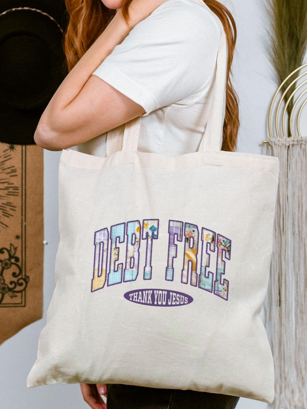Debt_Free_Tote Debt Free Thank You Jesus Christian Cotton Canvas Tote Bag - Image 1