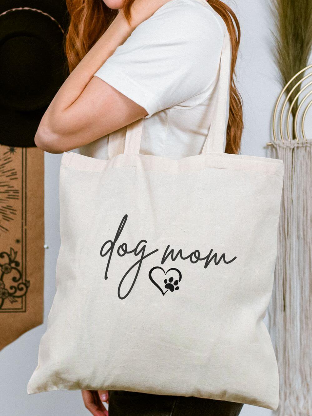 Dog_Mom_Heart_Paw_Tote Dog Mom Paw Heart Cotton Canvas Tote Bag - Image 1