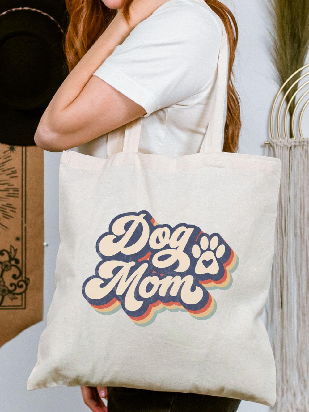 Dog_Mom_Retro_Rainbow_Tote Dog Mom Retro Rainbow Paw Print Cotton Canvas Tote Reusable Grocery Bag - Image 1