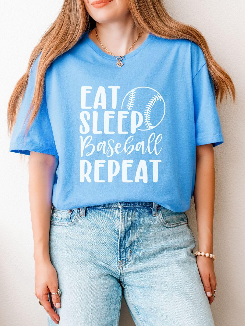 Eat_Sleep_Baseball_Carolina_Blue Eat Sleep Baseball Repeat Graphic T-Shirt Cute Sports Mom Tee (12 Team Colors) - Image 1