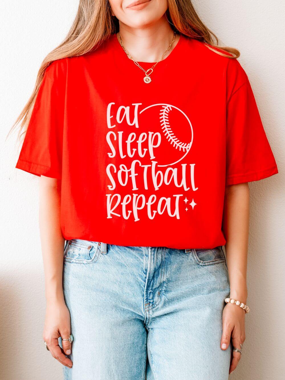 Eat_Sleep_Softball_Red Eat Sleep Softball Repeat Graphic T-Shirt Cute Sports Mom Tee (12 Team Colors) - Image 1