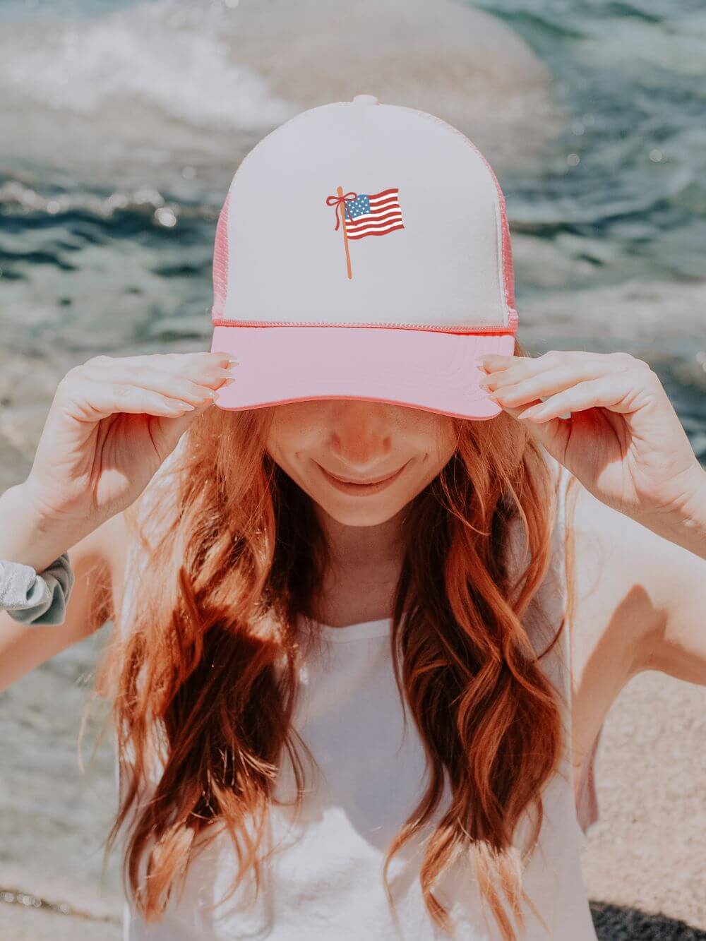 Embroidered_Flag_Trucker_Hat_-_Pink Patriotic Embroidered American Flag Foam Trucker Hat - Image 1