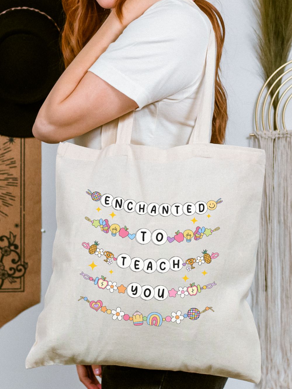 Enchanted_to_Teach_Tote Enchanted to Teach You Friendship Bracelets Cotton Canvas Teacher Tote Bag - Image 1