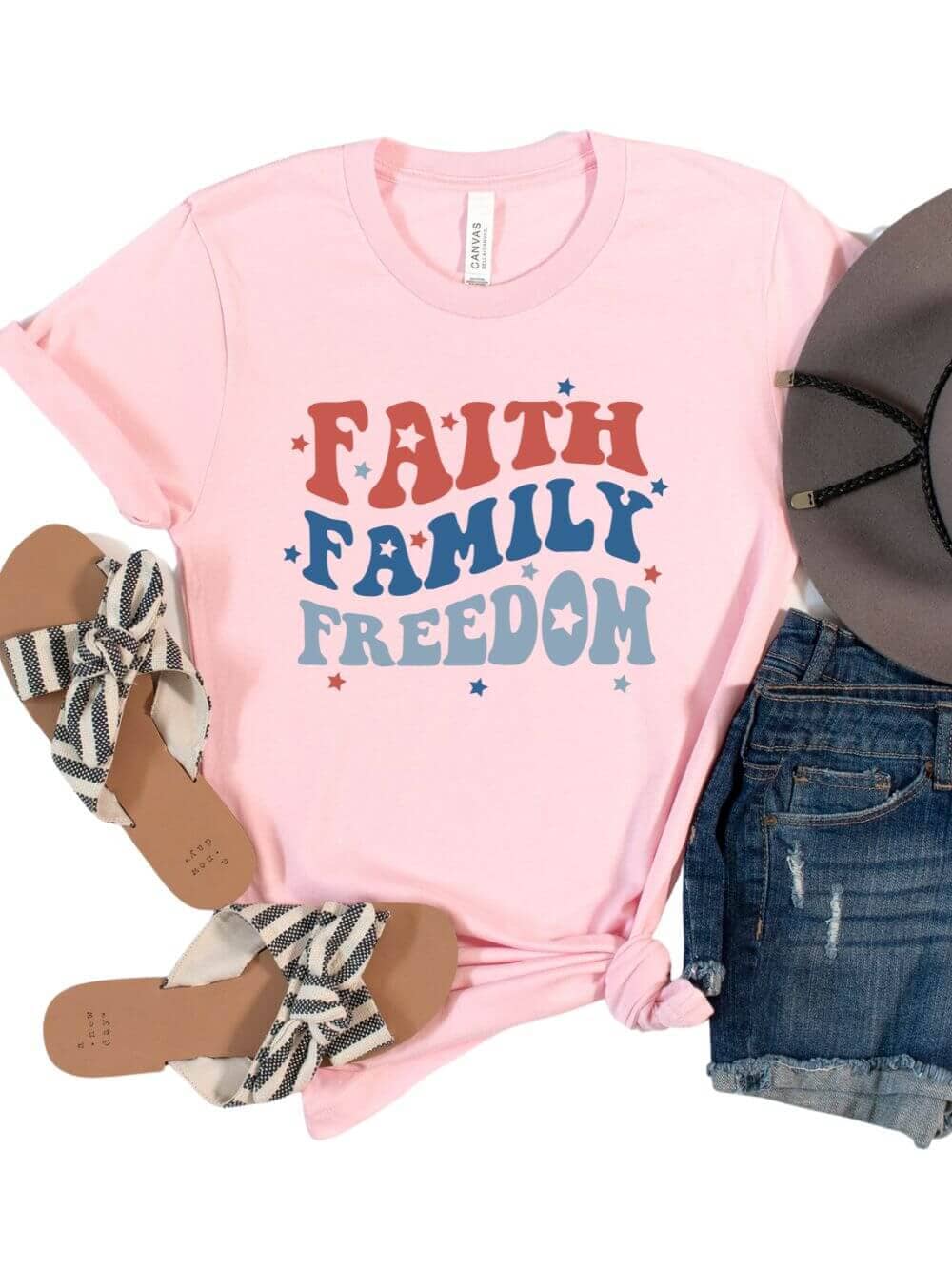 FaithFamilyFreedomPink Faith Family Freedom Patriotic 4th of July Patriotic Graphic T-Shirt - Image 1