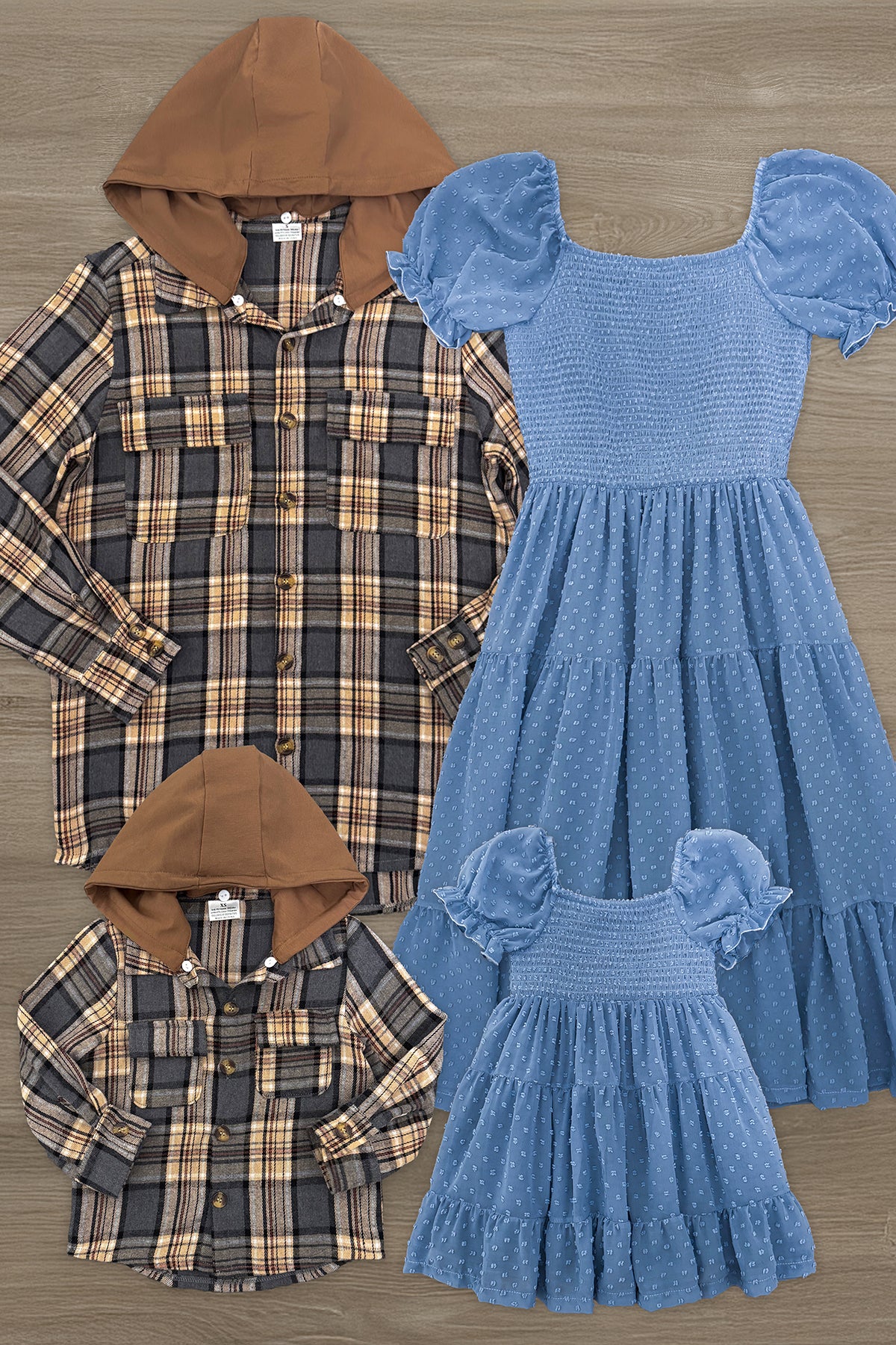 FamilySet_77fa1deb-47c1-48e5-bf7d-09960bf7c68a Family Blue Dress & Brown Flannel Hoodie - Image 1