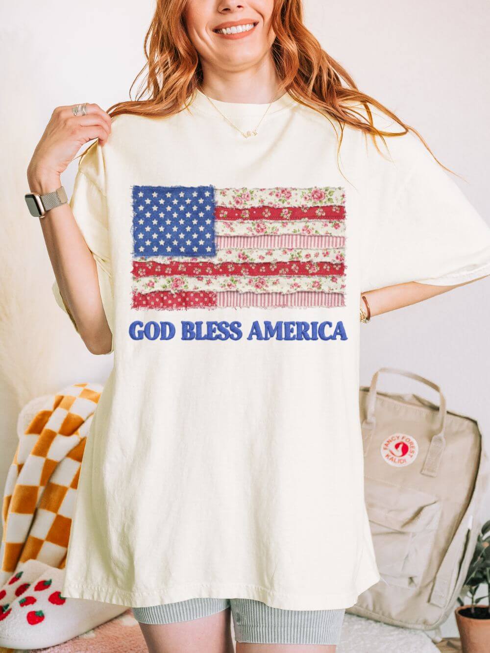 Faux_Fabric_Flag_Ivory God Bless America Faux Fabric Flag T-Shirt Patriotic Graphic Tee - Image 1