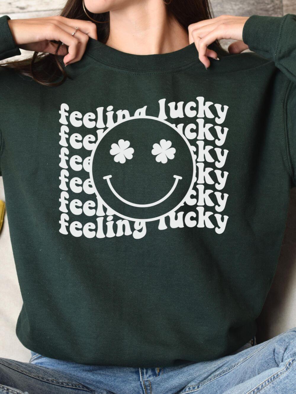 FeelingLuckyForest Feeling Lucky Smiley Face Shamrock St. Patrick's Day Unisex Heavy Blend™ Crewneck Sweatshirt - Many Colors - Image 1