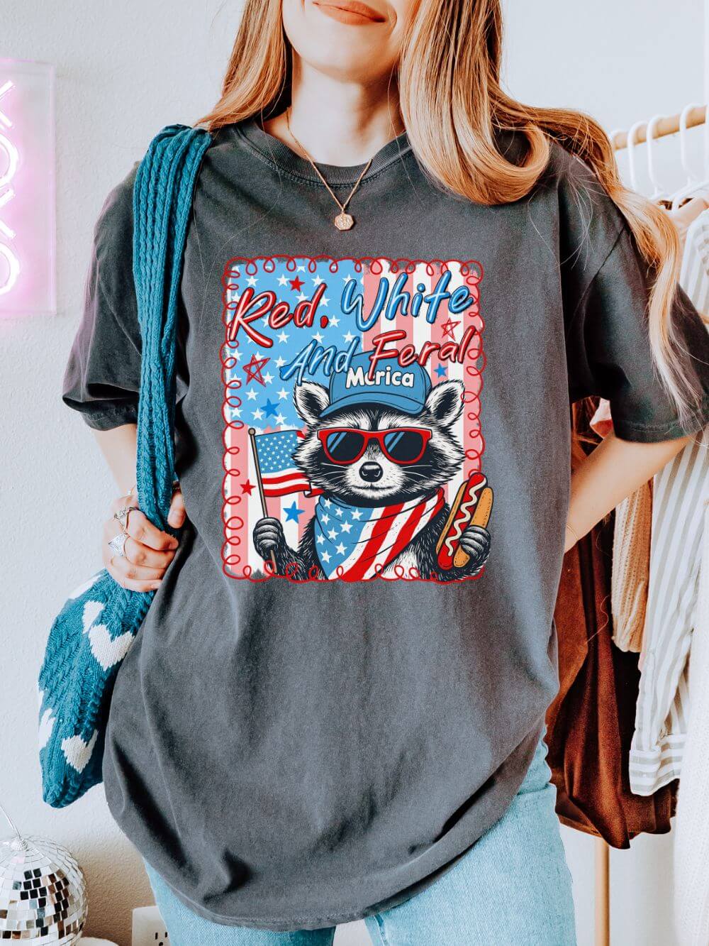 Feral-Pepper Red White & Feral Summer Unisex Tee Comfort Colors 4th of July Patriotic Racoon Graphic T-Shirt - Image 1