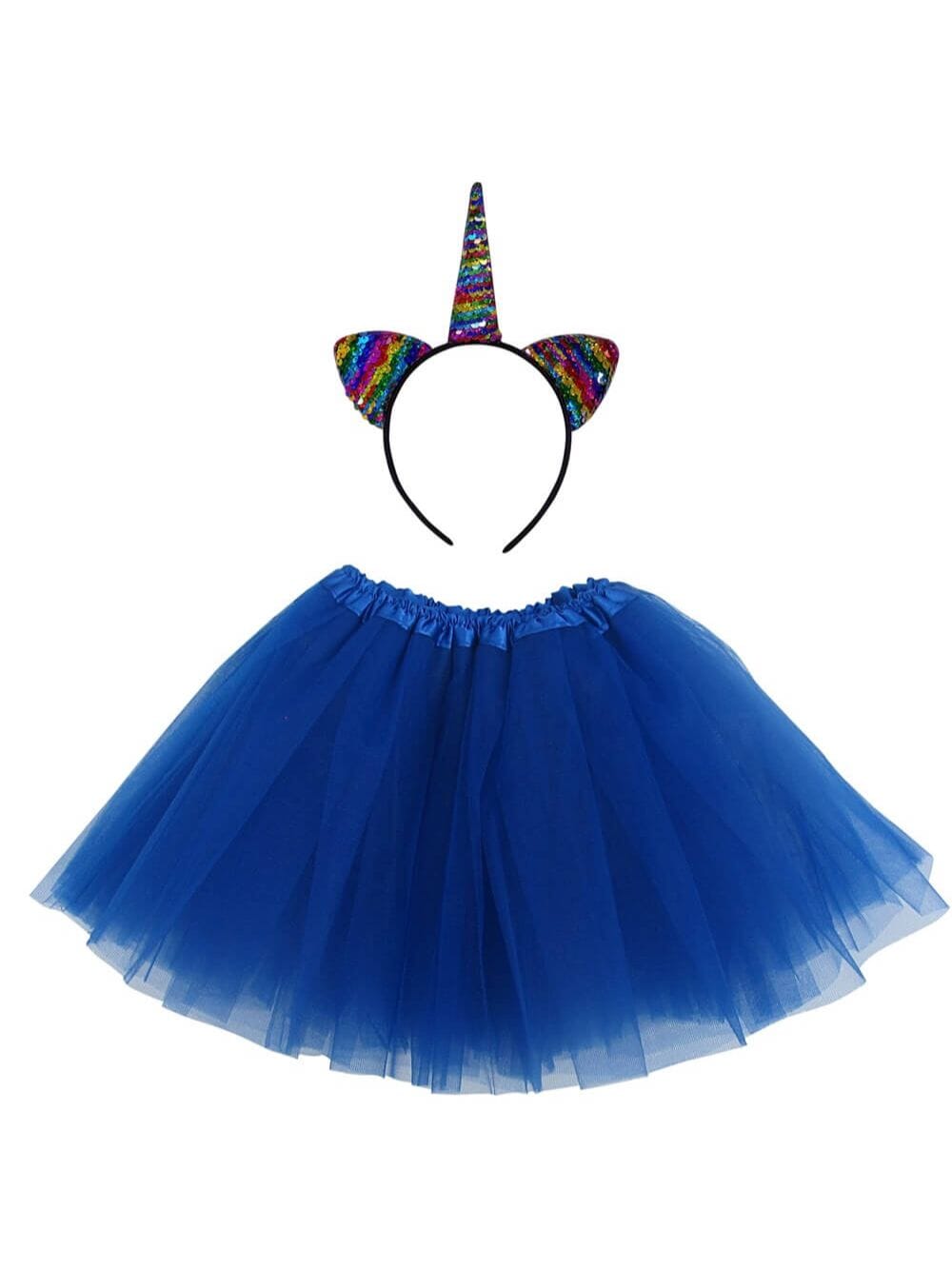 Flip_HB_Costume_Uni_RB_Royal_32e569f9-ec78-4519-865c-389c968af7c5 Adult Rainbow Royal Blue Unicorn Costume - Tutu Skirt & Flip Sequin Headband Horn Set for Adult or Plus Size - Image 1