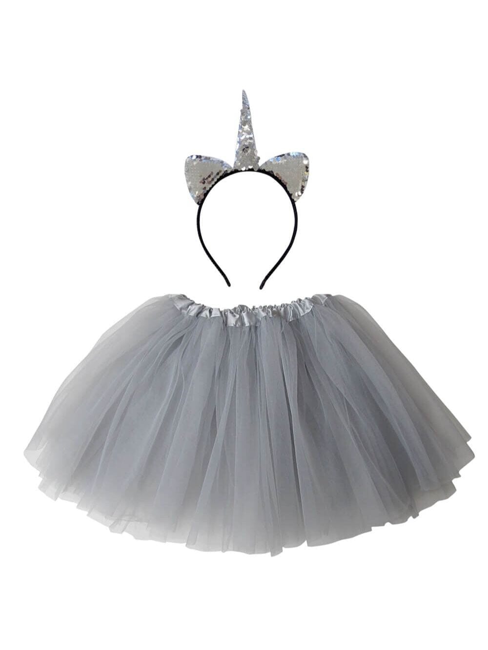 Flip_HB_Costume_Uni_Silver_3ee6224e-547a-4a44-9dcb-b3ba7d8f3c1a Adult Silver Unicorn Costume - Tutu Skirt & Flip Sequin Headband Horn Set for Adult or Plus Size - Image 1