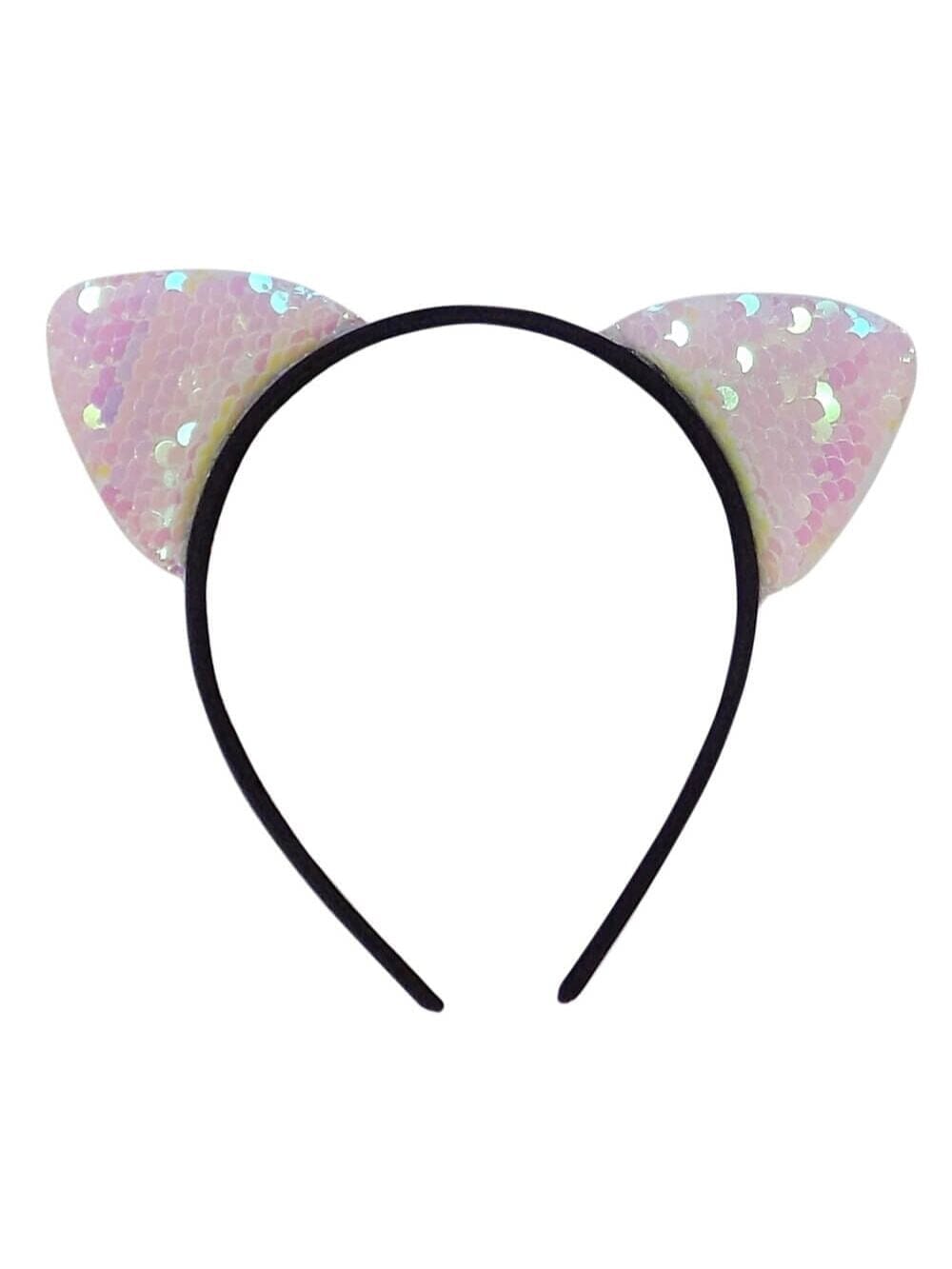 Flip_Sequin_Cat_White Flip Sequin White Cat Girls Headband Ears, Kid or Adult Size Costume Accessories Individual or Wholesale Bulk Multipack - Image 1