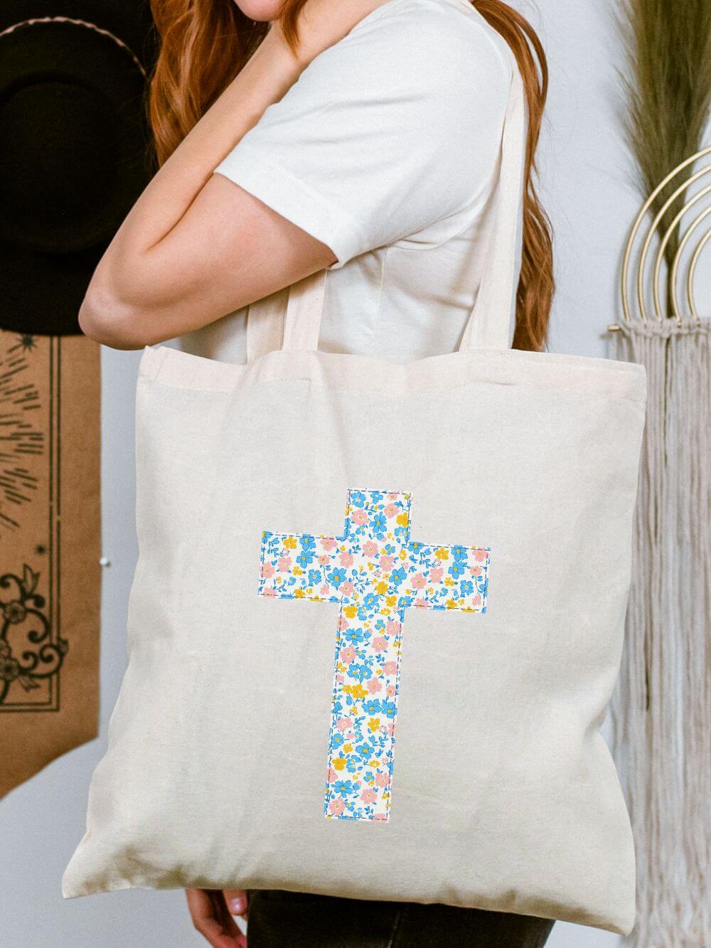 Floral_Cross_Tote Floral Cross Canvas Tote Bag Christian Faith Reusable Grocery & Church Bag - Image 1