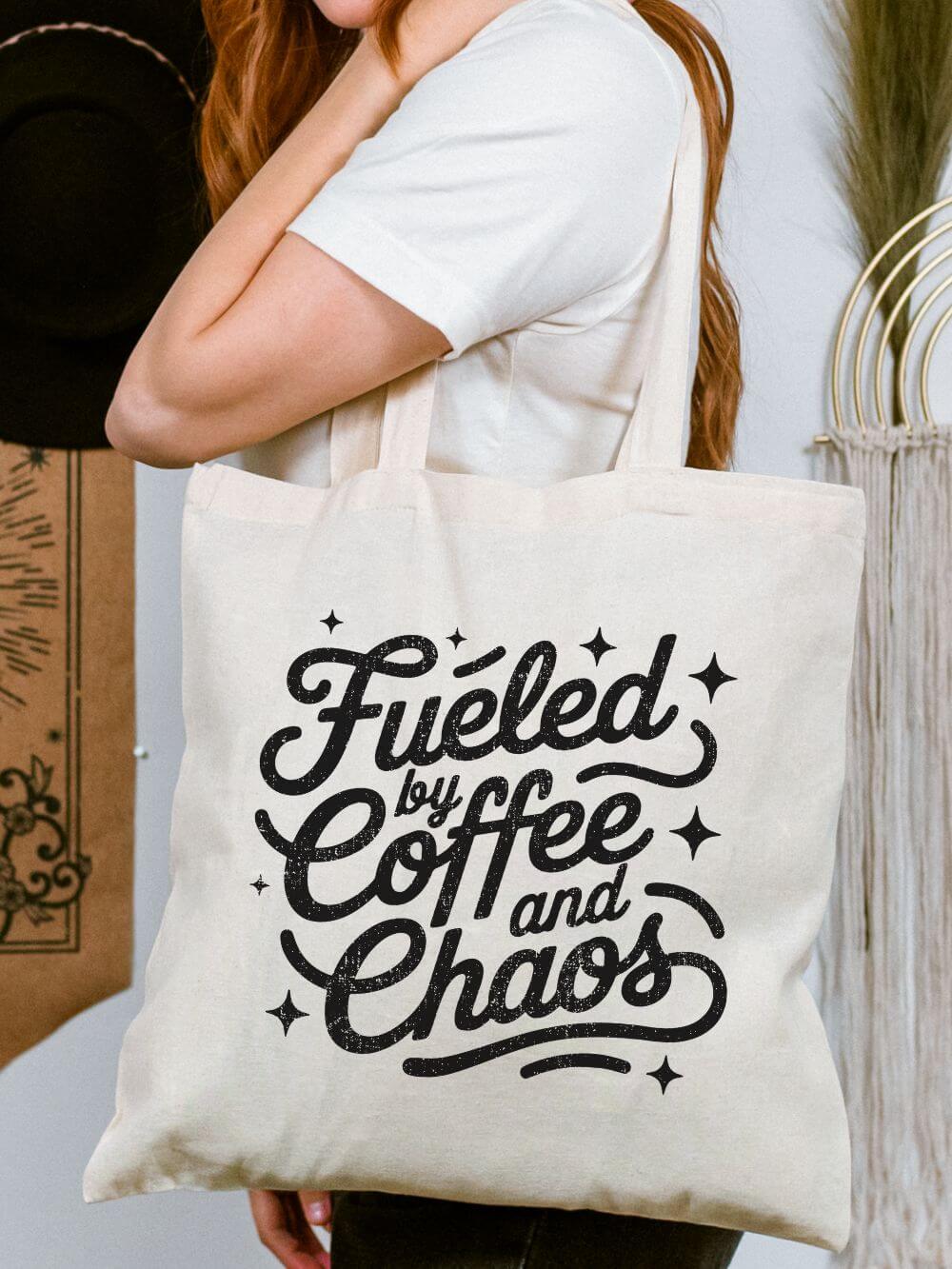 Fueled_by_Coffee_Chaos_Tote Fueled by Coffee and Chaos Cotton Canvas Market Tote Bag - Image 1