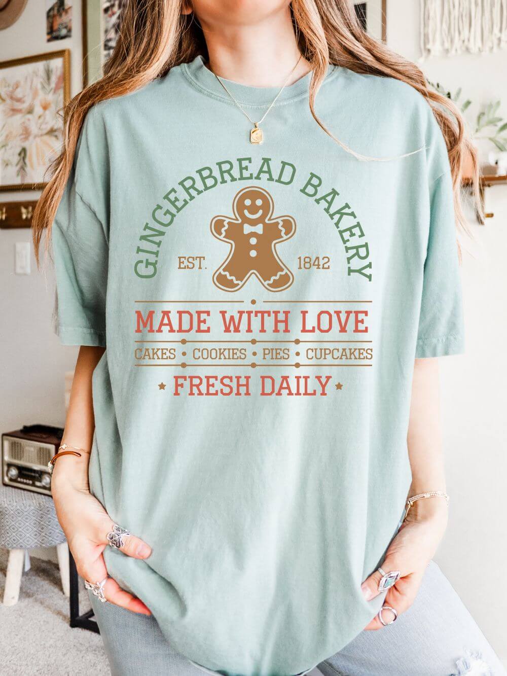 Gingerbread_Bakery_Bay Gingerbread Bakery Made with Love Holiday Tee Vintage Charm Unisex Christmas T-Shirt - Image 1