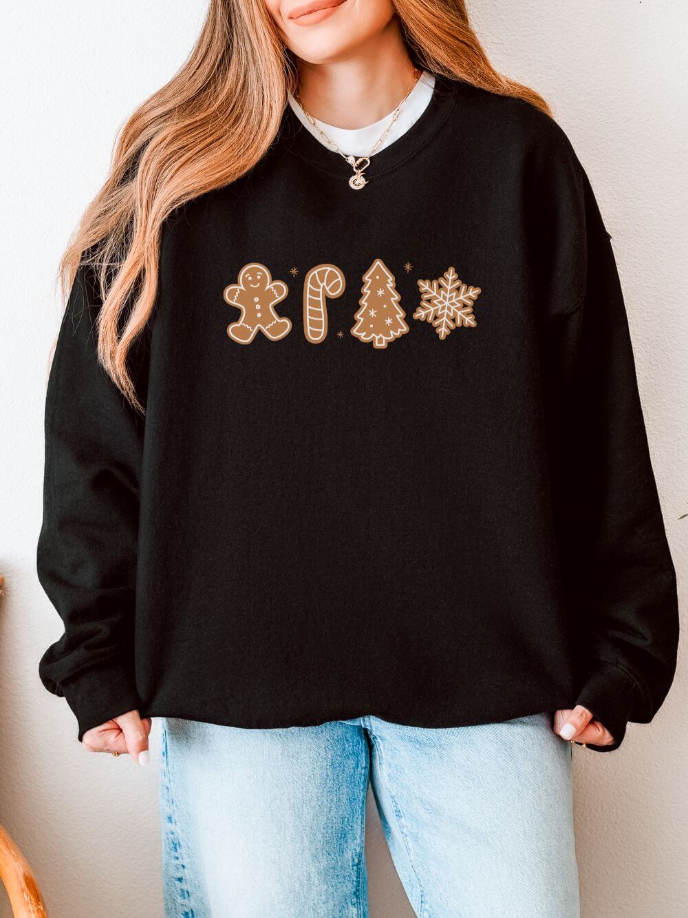 Gingerbread_Black Gingerbread Cookies Heavy Blend Women's Crewneck Embroidered Christmas Holiday Sweatshirt - Image 1