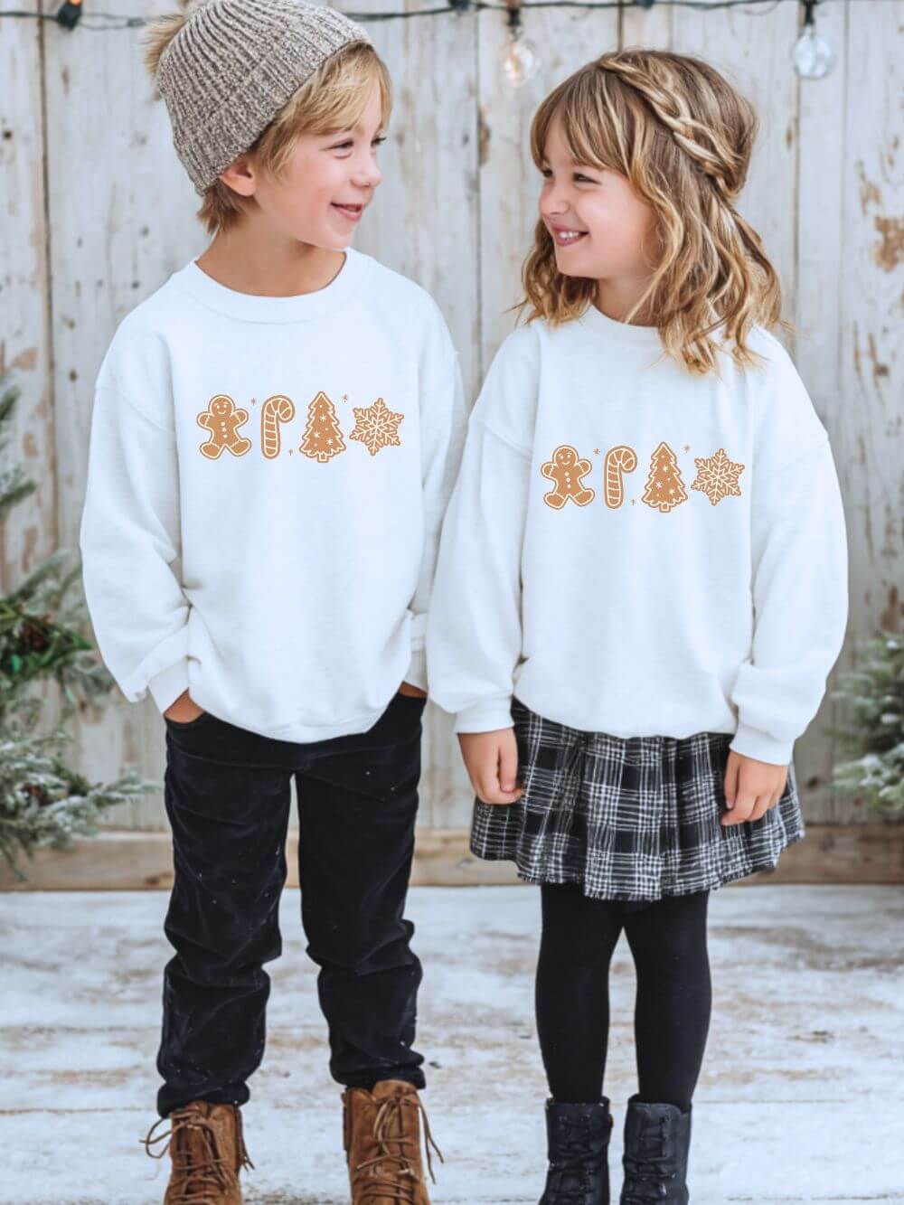 Gingerbread_Kids_White_2 Gingerbread Cookies Heavy Blend Kids' Crewneck Graphic Christmas Holiday Sweatshirt - Image 1