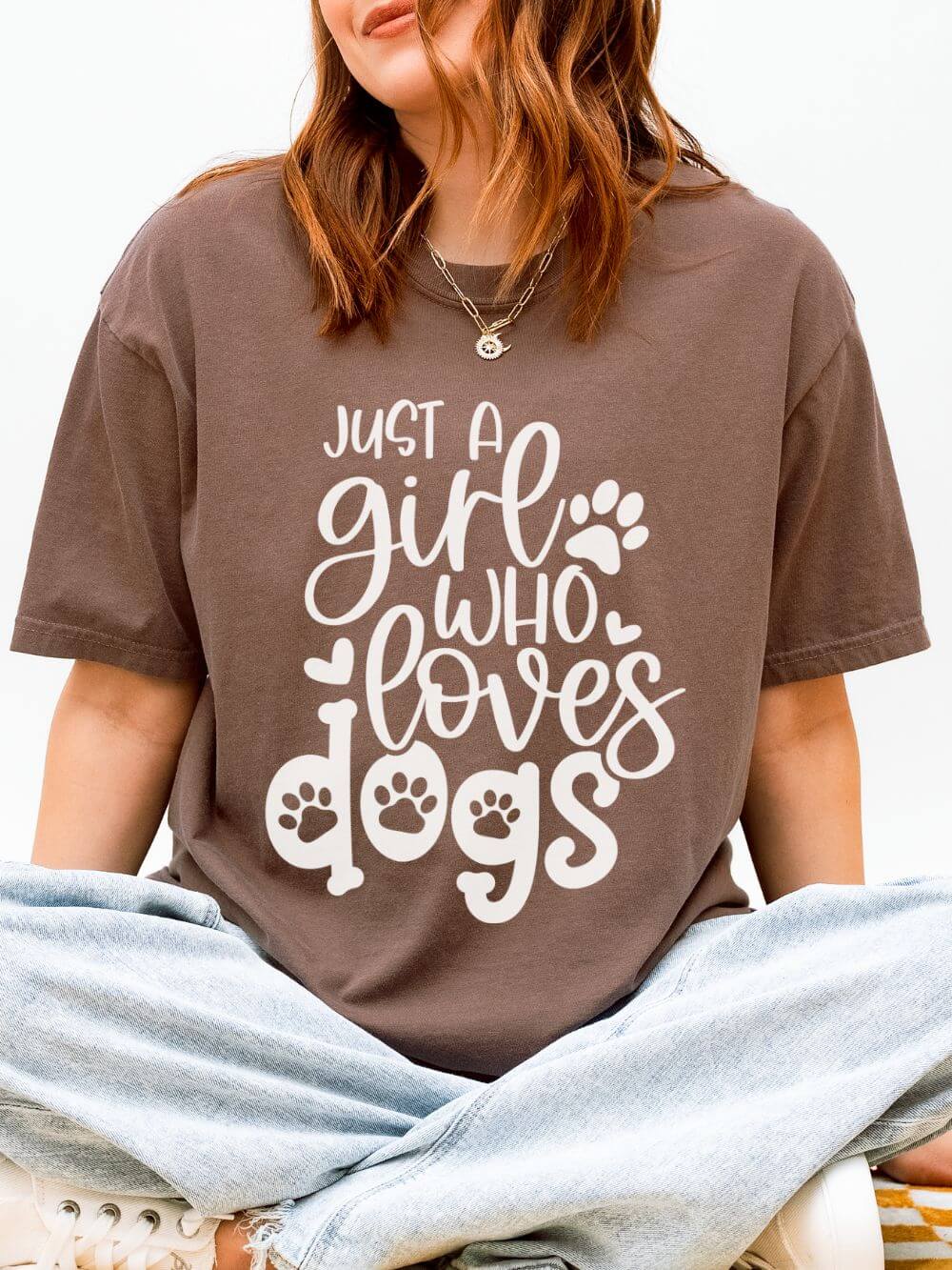 Girl_Who_Loves_Dogs_Espresso Just a Girl Who Loves Dogs T-Shirt Cute Dog Mom Graphic Tee - Image 1