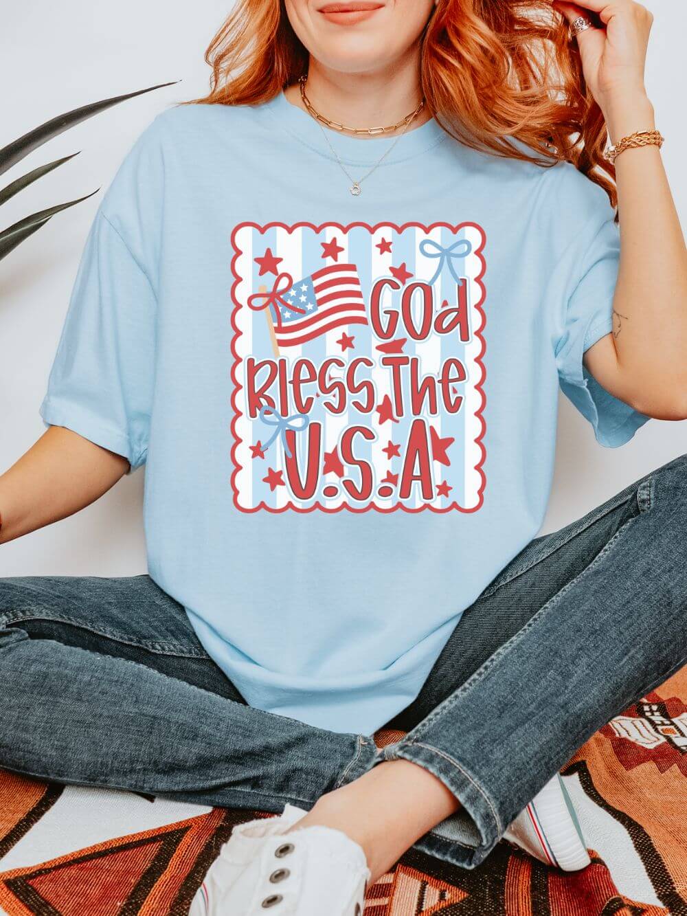 God_Bless_the_USA_-_Chambray God Bless the USA Summer Unisex Tee Comfort Colors 4th of July Patriotic Graphic T-Shirt - Image 1