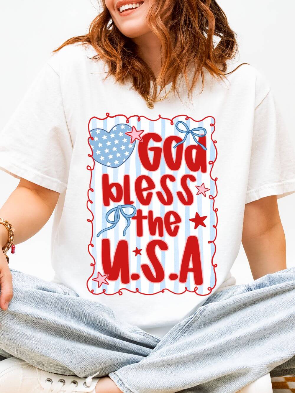 God_Bless_the_USA_White God Bless the U.S.A. Graphic T-Shirt Patriotic 4th of July Tee - Image 1