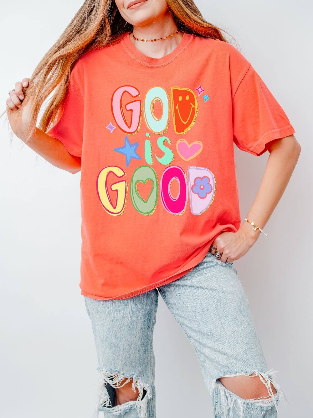 God_is_Good_Bright_Salmon_c41afa63-103a-4cad-8256-0e91103bb2a8 God Is Good T-Shirt Colorful Cute Faith Graphic Tee - Image 1